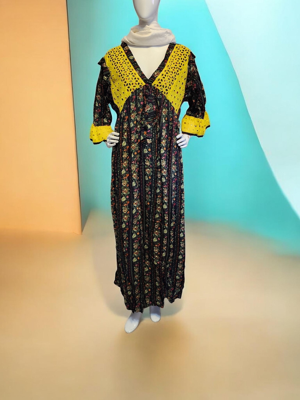 Maxi Floral Boho Dress with Yellow Crochet Yoke